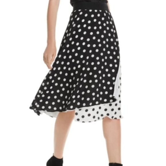 Alice + Olivia B&W Nanette Polka Dot Faux Wrap Silk Skirt - 6 - Picture 3 of 10